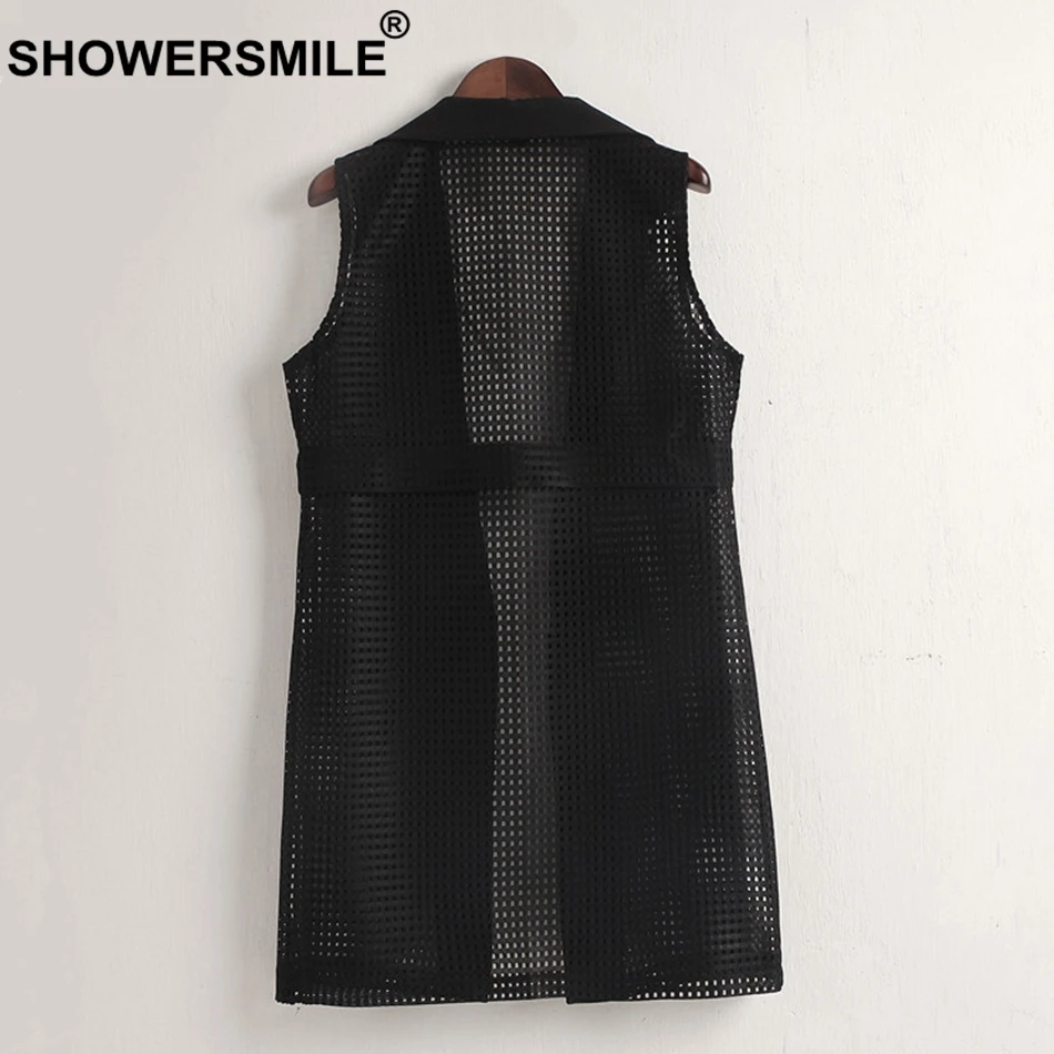 SHOWERSMILE White Vest Women Long Elegant Waistcoat Ladies OL Korean Style Hollow Out Female Spring Summer Sleeveless Jackets