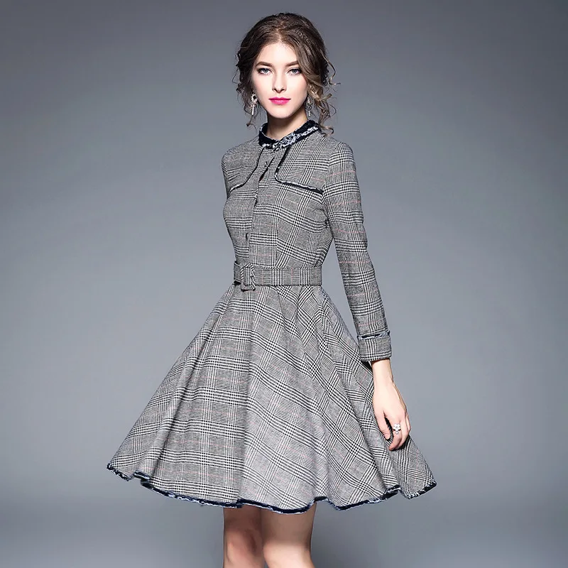 

Plaid Long Sleeve Slim Tunic Midi Dress Women Elegant Vintage Sweet Sexy Office Party Fashion Beach Dress 2019 Spring Clothing