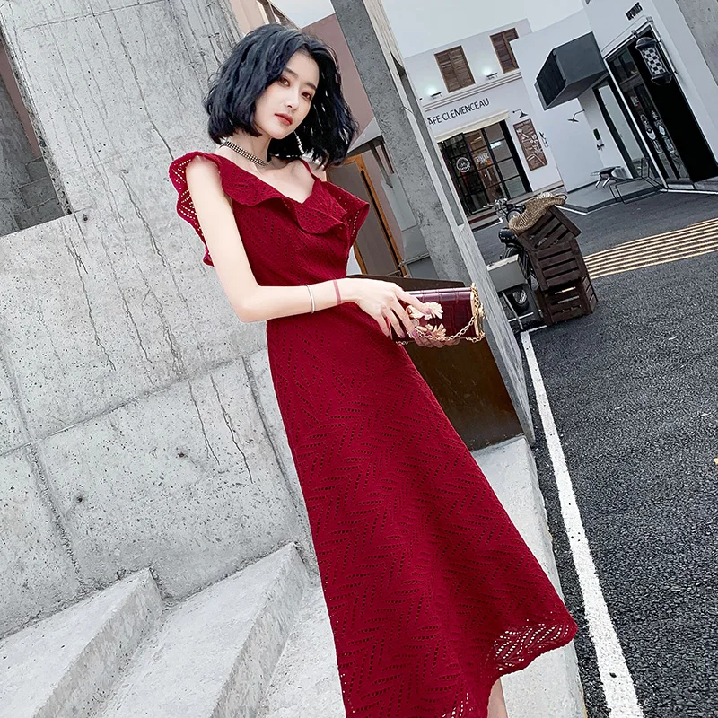 dress female nobility socialite is simple and easy to wear at ordinary times red appreciation banquet silk dress