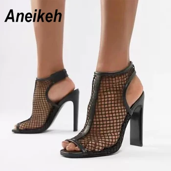 

Aneikeh Gladiator Sandals Boots Women Pumps Ladies Sexy High Heels Open Toe Hollow Out Mesh Party Nightclub Women Ankle Boots