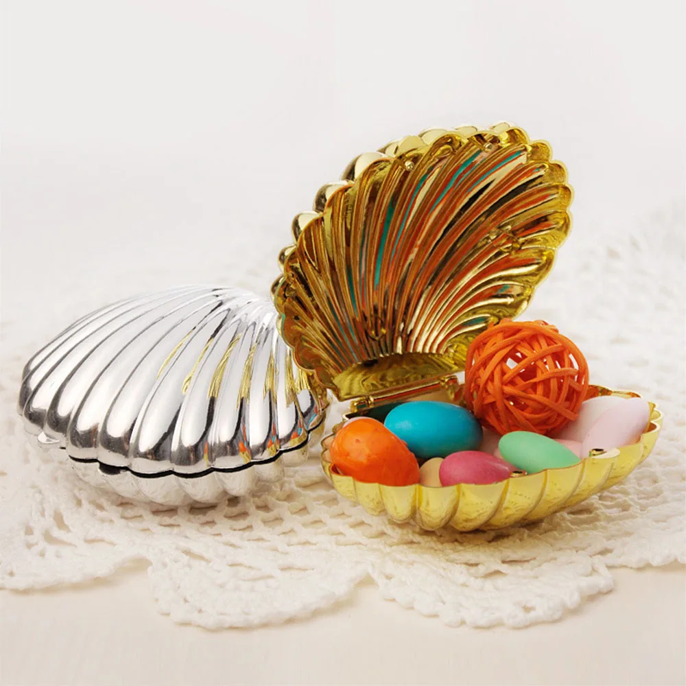 

Cookies Bag Kids Birthday Supplies Plastic Containers Wedding Favor Candy Box Shell Shaped Gold Silver Chocolate Boxes