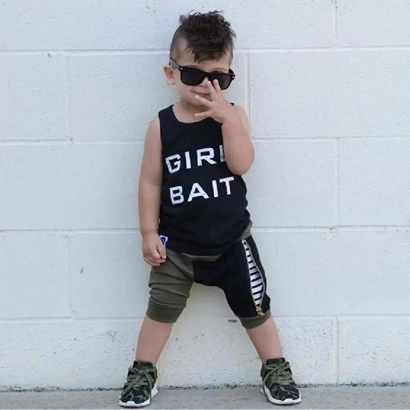 

2pcs Baby Boy Clothes Summer Boys Kids Set Sleeveless T-shirt Tops Summer Vest Beach Harem Shorts