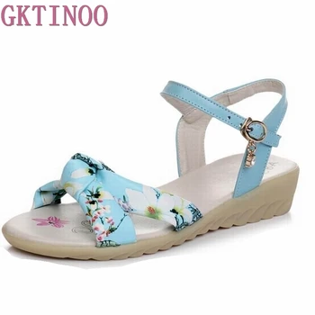 

GKTINOO Cow Leather+Microfiber Women Sandals Fashion Summer Sweet Women Flats Heel Sandals Ladies Shoes large size 35-43