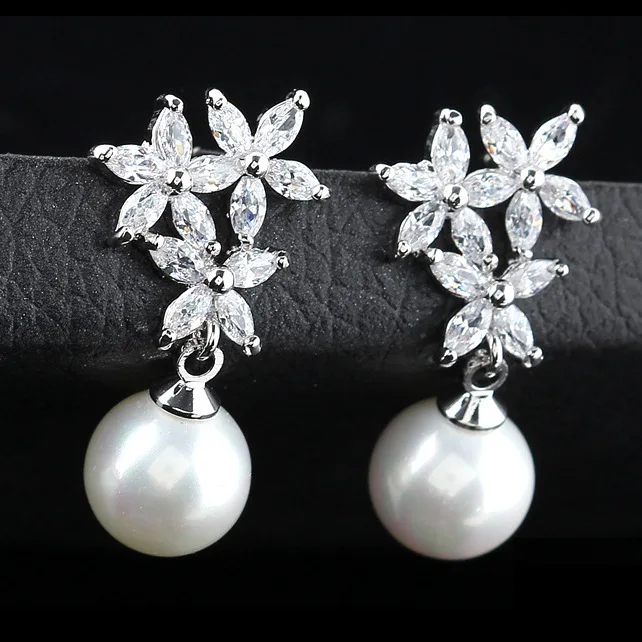

High-end fashion atmosphere hot selling zircon flower pearl Dangle Earrings wholesale