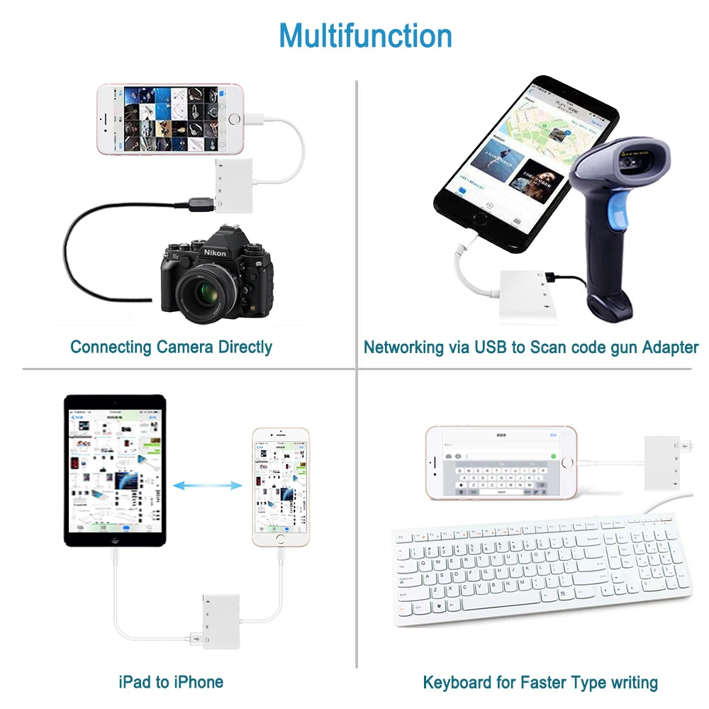 4 в 1 OTG адаптер для Lightning к считывателю камеры комплект подключения Зарядка и USB 3 Синхронизация данных для iOS 9,2-12 iPhone X 8 7/SD/TF/HUB