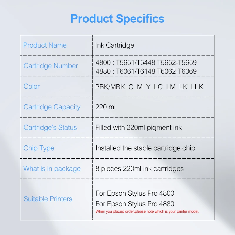 T5651 T5659 T6061 T6069 T6148 совместимый картридж с чернилами для Epson Stylus Pro 4800 4880 220 мл/уп. (9