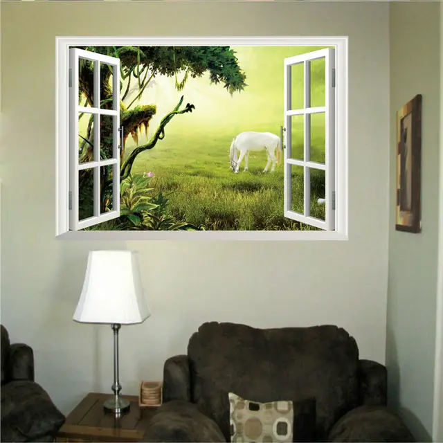 Us 5 68 Fantastic Fairytale Dream Windows Wall Stickers Living Bedroom Decoration Diy 3d Horse Animals Cartoon Home Decals Mural 48 68cm In Wall