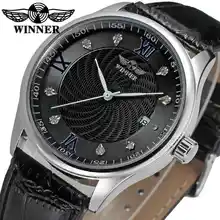 T-WINNER 여성용 자동식 기계식 손목 시계 날짜 달력 가죽 스트랩 로마 숫자 크리스탈 장식 디자인 + BOX