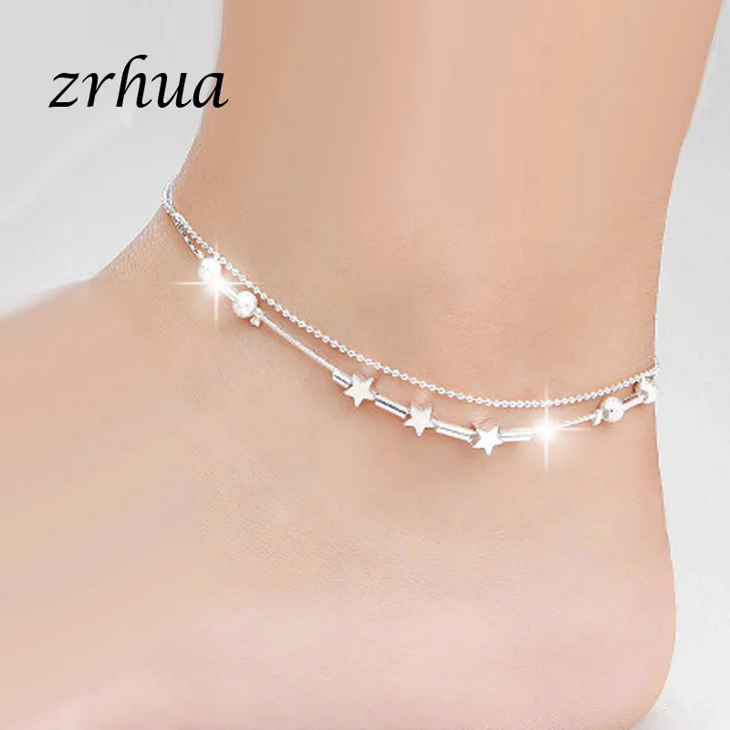 

ZRHUA Beach Multilayer Star Beads Anklets Foot Chain 925 Sterling Silver Foot Anklet Bracelet For Fashion Women Jewelry