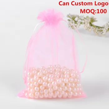 

100pcs/Lot 13x18cm Pink Packing Drawable Organza Gift Bags & Pouches Embalagens Para Doces Tulle Bomboniera Bolsas Tul