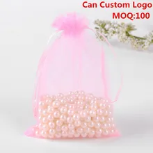 100 pçs/lote 13x18cm rosa embalagem drawable organza presente sacos & malotes embalagens para doces tule bomboniera bolsas tul