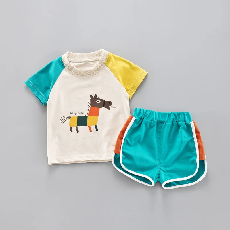 

Toddler Summer Boy Clothing Sets Cotton Active Cartoon Horse T-shirt+ Shorts 2 Pcs Baby Girl Clothes Suit