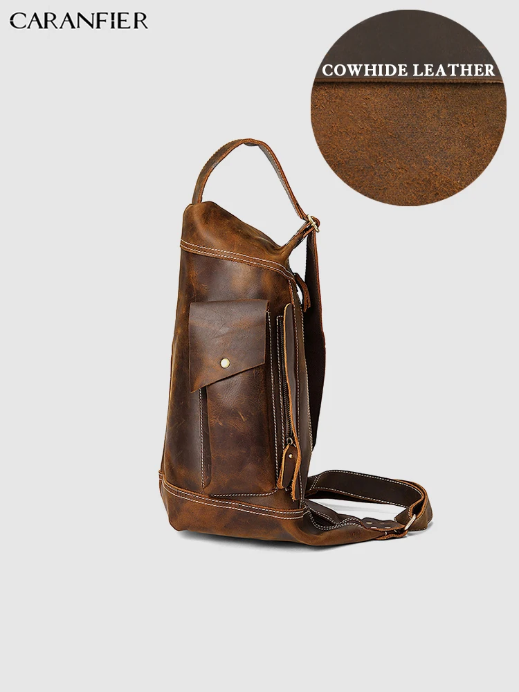 

CARANFIER Mens Chest Bag Crazy Hours Genuine Cowhide Leather Messenger Travel Vintage Multi-function Waterproof Shoulder Bags