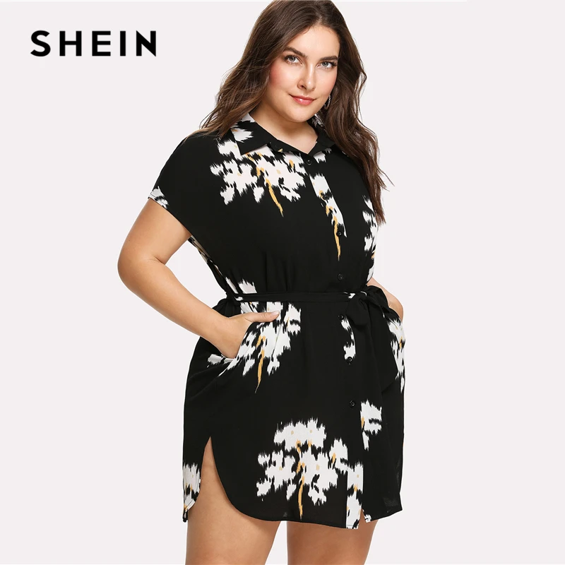 SHEIN Платье С Цветочным Принтом С Поясом Плюс Размер Цветочные Женские Платья С Коротким Рукавом