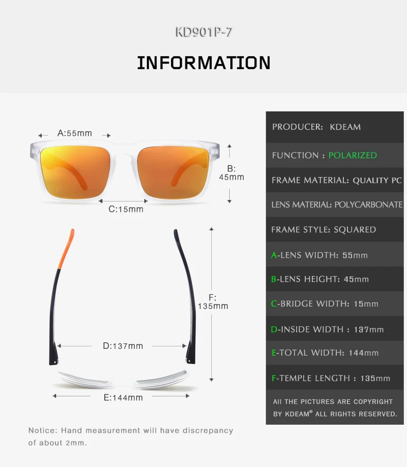 KDEAM Новинка года Солнцезащитные очки Мужские поляризационные площади кадра солнцезащитные очки Прохладный оранжевый дизайн HD объектив UV400 с чехол KD901P-C7