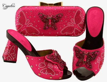 

Gorgeous fuchsia with butterfly stones high heel sandal shoes and evening bag sets for party JZS-05 heel height 9.5cm