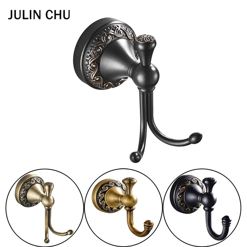 Antique Double Bathroom Hook Wall Mounted Black Coat Hooks Brass