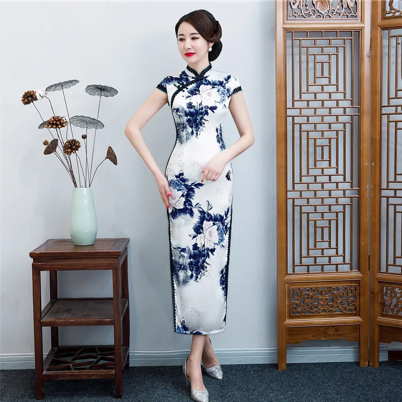 Кружево Tirm сексуальный вискозный Шелковый цветок Qipao Новинка тонкий принт цветок Ципао с коротким рукавом Vestidos Размер M-3XL