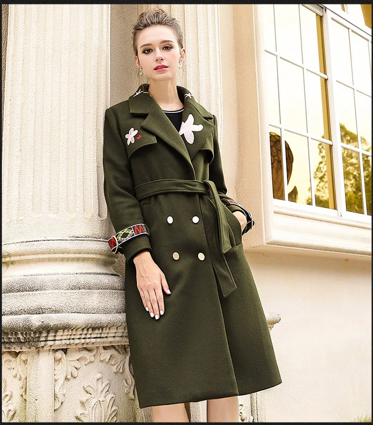 AOFULI M-XXXL Женское шерстяное пальто с вышивкой X-long с поясом Зимняя мода двубортное одноцветное Пальто Длинные Топы B6283