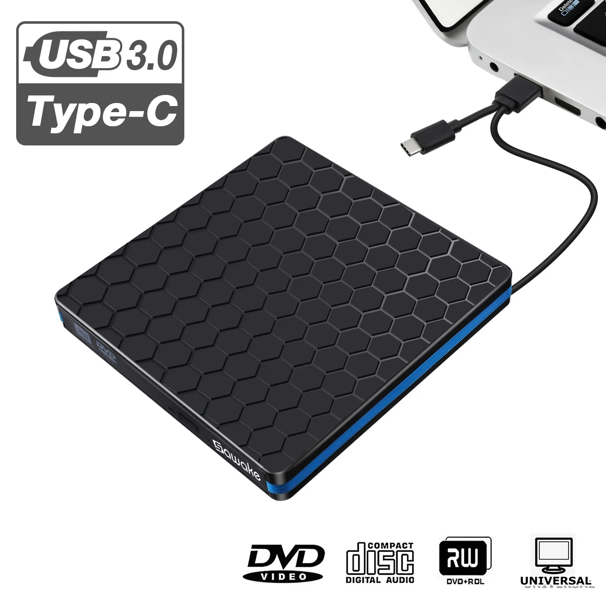 

USB 3.0 Slim External DVD CD Drive Optical Drives Burner Writer Reader Recorder for Laptop Notebook Desktop PC Type C Devices