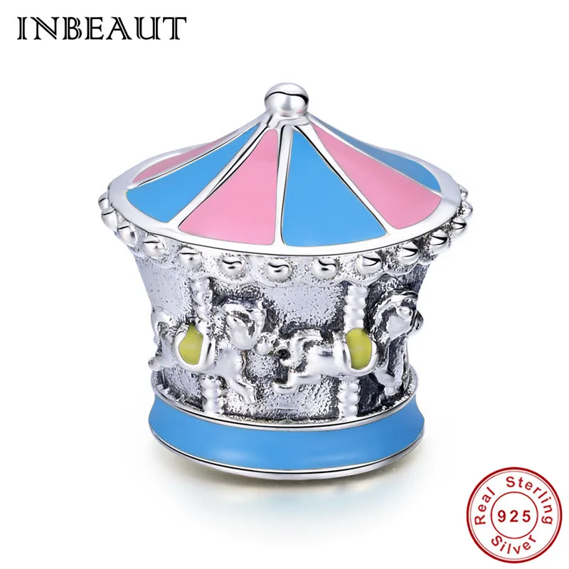 

INBEAUT 925 Sterling Silver Pink Blue Enamel Fantasy Merry-go-round Galloper Horse Beads Charm fit Original Bracelet for Wedding