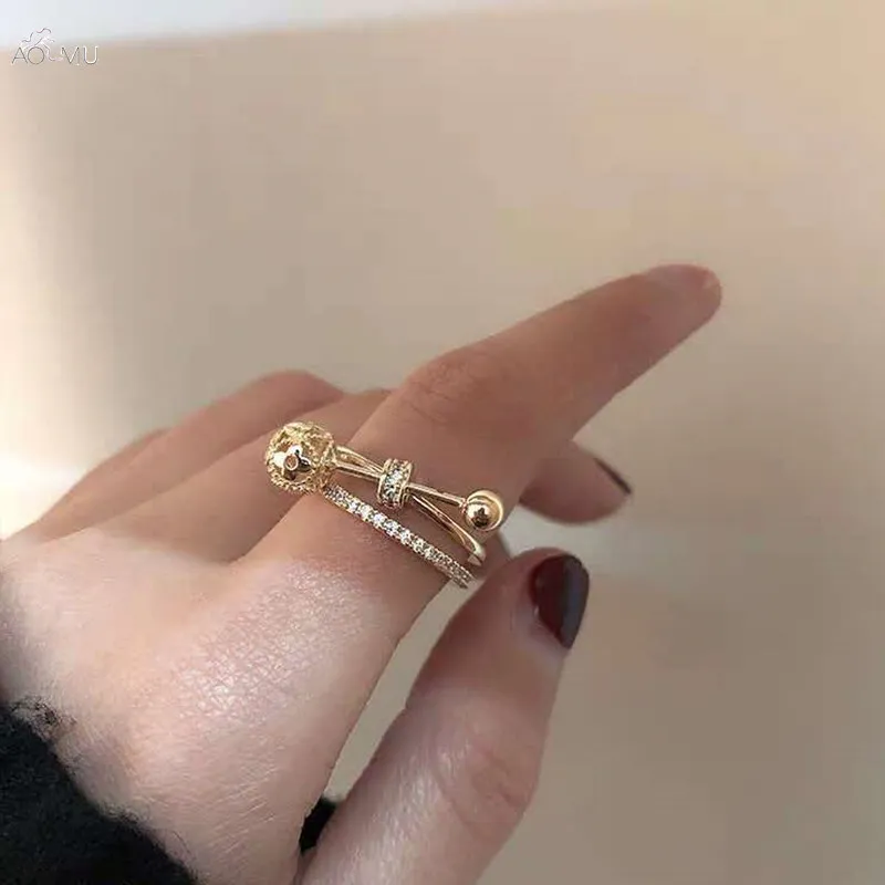 AOMU корейское шикарное жемчужное кольцо, полые Стразы, металлическое кольцо золотого цвета, размер, регулируемое кольцо для женщин, девушек, ювелирный набор