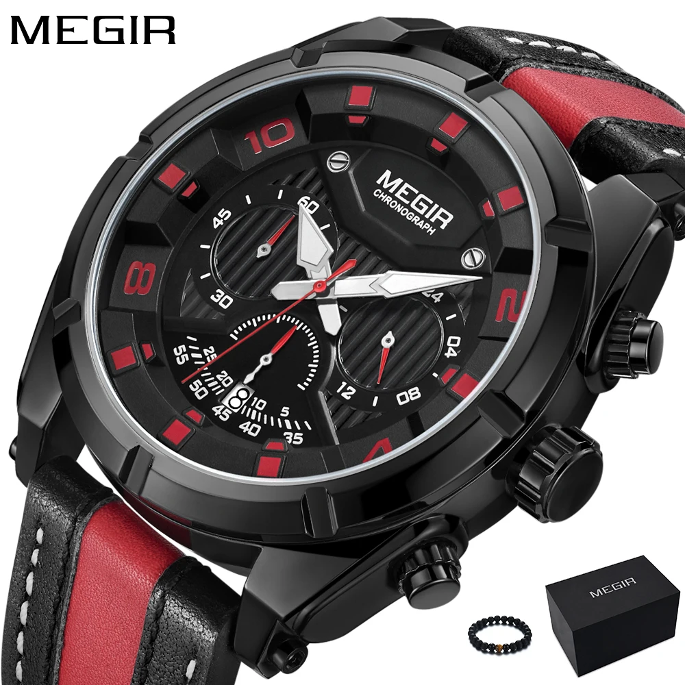 MEGIR 2018 New Mens Watches Top Brand Luxury Black Red Leather Band Fashion Army Military Watch Sport Quartz Wrist Watch Men MEGIR 2018 New Mens Watches Top Brand Luxury Black Red Leather Band Fashion Army Military Watch Sport Quartz Wrist Watch Men