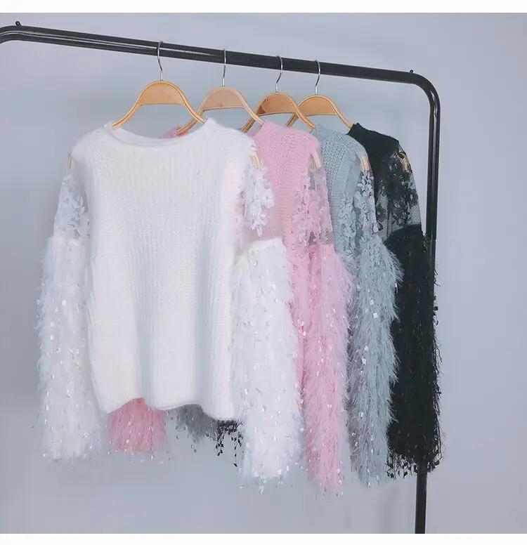 

Tassel Sweater 2017 Women Round Collar Long Sleeve Fashion Hollow Out Mesh Sleeve Lady Winter Sweaters And Pullovers