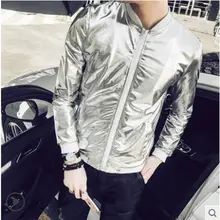 5XL Summer Men Bomber Jacket Fashion 2018 Slim Fit Sun Protection Clothing Silver Shining Jackets Mens Plus Size Stage Coats Man