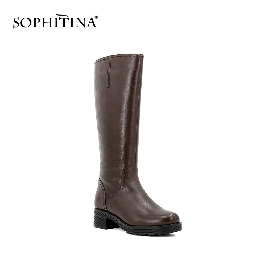 

SOPHITINA Luxury Mid-Calf Woman Boots Thick Heel Round Toe Genuine Leather Boots Handmade Solid Warm Wool Winter Lady Boots B26