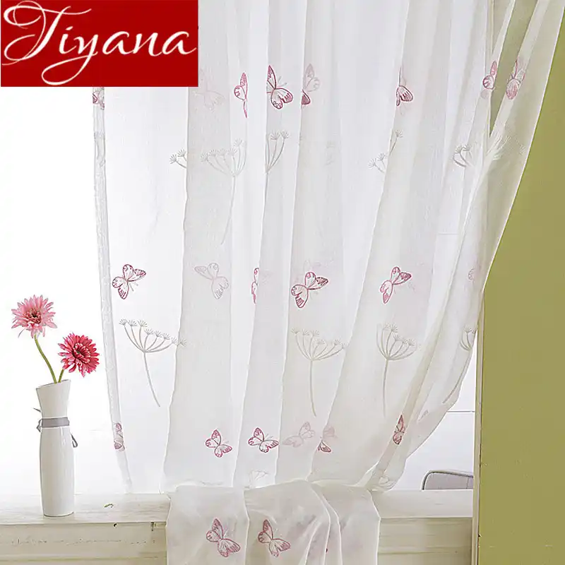 Butterfly Pink Curtains Embroidered Sheer Voile Window Modern
