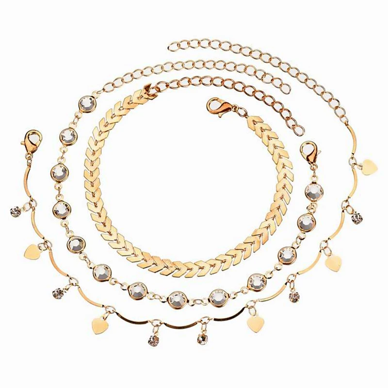 

3pc/set Fashion Tassel Crystal Sequins Anklet Set for Women Beach Foot Chain Vintage Anklets Boho Style Party Summer Jewelry