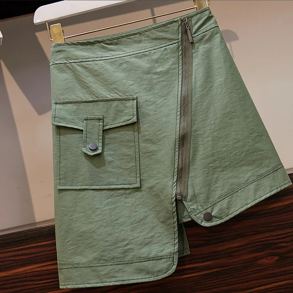 Комплект из двух предметов для женщин, зеленое платье-рубашка в полоску с длинным рукавом и карманами, Асимметричная мини-юбка, комплект-двойка, Весенняя мода