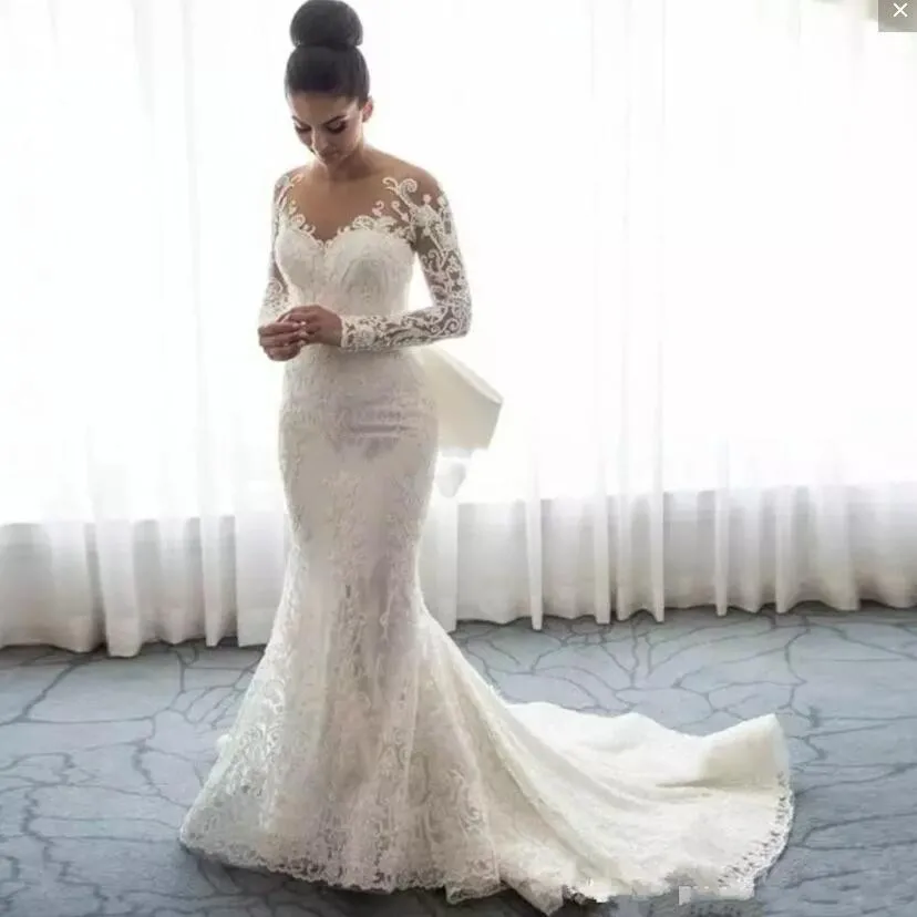 

Vestidos De Novia 2018 Vintage Lace Mermaid Bridal Dresses With Full Sleeves Elegant Long Wedding Gowns Big Bow Illusion Back
