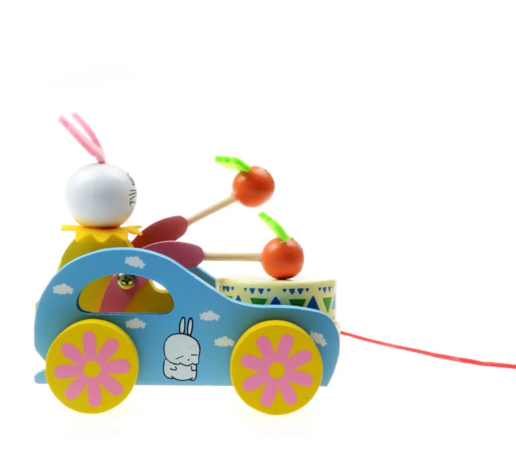 Creative Baby Toys Wooden Early Education Children White Rabbit Trailer Toy Baby Beat Drum Cart Trailer Round Gift Learn to Walk (6)