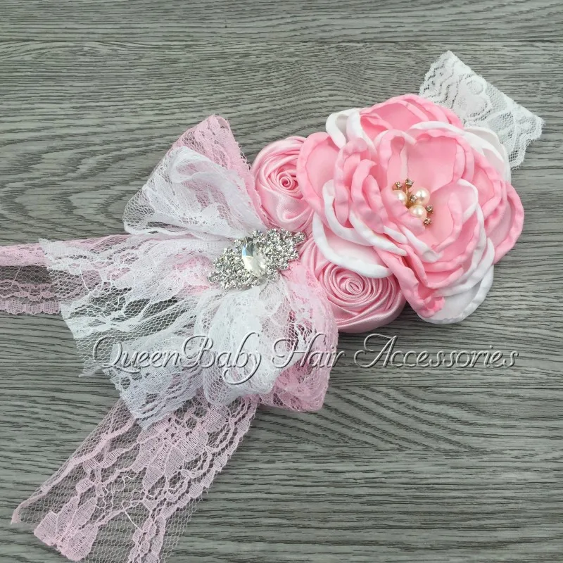 

Fabric Flowers Martching Sparking Rhinestone in Center Lace Bow Headband Baby Girl Headband Flowergirl Headband