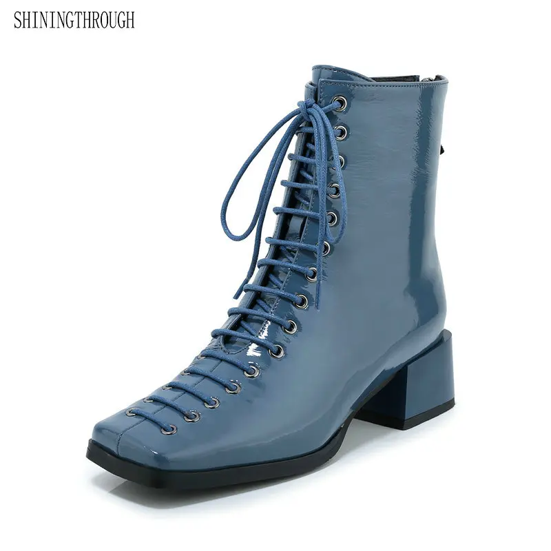 

Real Leather Women ankle Boots med Heeled Woman lace up Motorcycle Boots woman square toe Autumn Winter Short Ladies Shoes