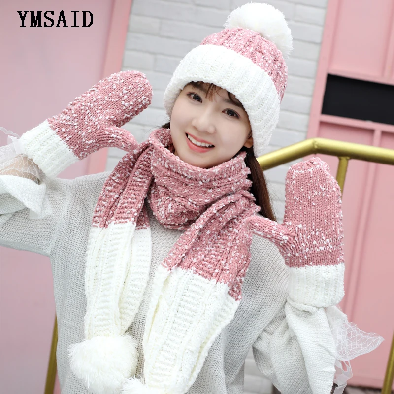 

Fashion Women Winter Hats Scarf Gloves Thick Velvet Wool Knitted Hat Accessories Set Female Male Beanie Scarf Gloves Ski 3pcs
