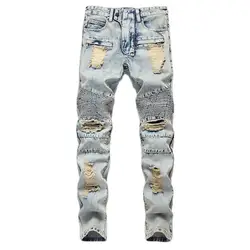 ABOORUN Для мужчин бренд Байкер Motor Jeans Винтаж рваные плиссированные джинсы Здравствуйте улица мужчины длинные джинсы штаны для уличного бега
