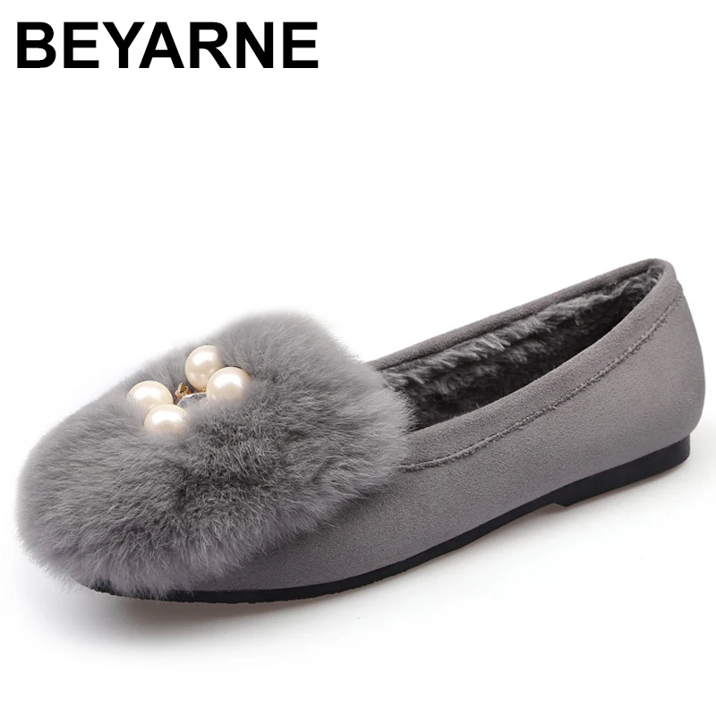 BEYARNEPlush/меховая обувь Женская на плоской подошве с кроличьим мехом Женские лоферы
