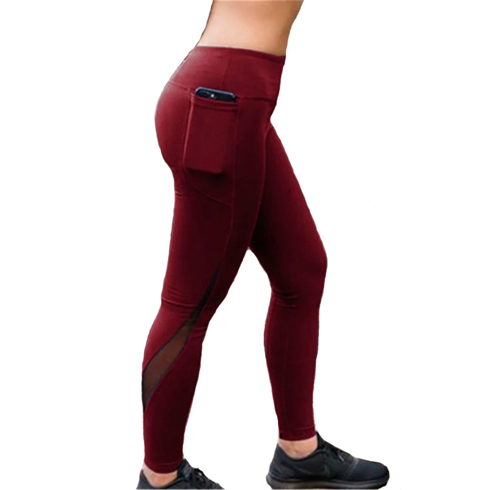 Women Leggings Have Pocket Push Up Fitness Red Net Yarn Sporting Workout Leggins Elastic High Waist Slim Jogging Pants Female | Женская