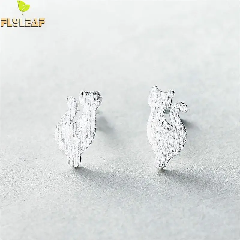 

Flyleaf 100% 925 Sterling Silver Matte Standing Cat Stud Earrings For Women Simple Fashion Party Jewelry