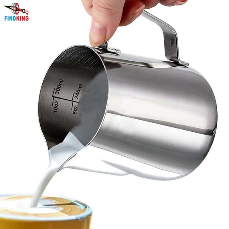 FINDKING Stainless Steel Frothing Pitcher Milk Pitcher 10 oz with Measurement Marks,Perfect for Espresso Machines, Milk Frothers