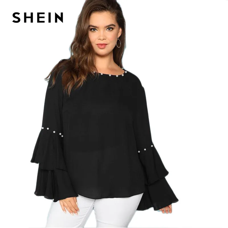 SHEIN, украшенный жемчугом, многослойный рукав с рюшами размера плюс, женская черная блузка,, модный топ с круглым вырезом, украшенный бисером