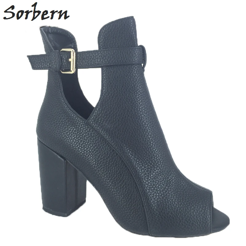 

Sorbern Black Peep Toe Ankle Boots Chunky Heels Real Photos Oepn Toe Boots Women Short Ankle Boots For Women Shoes Ladies