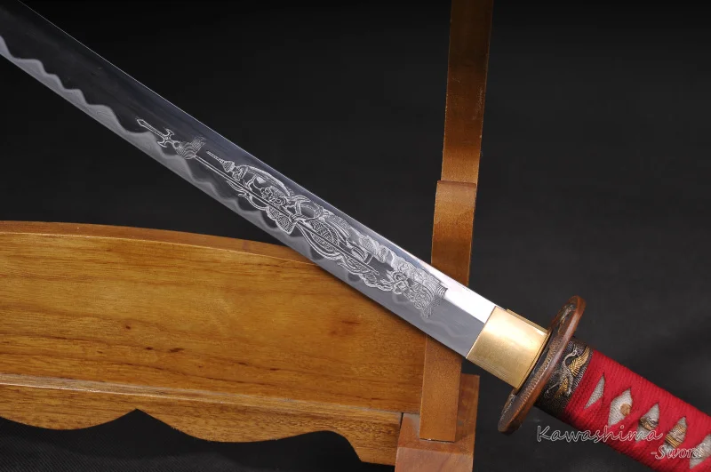 Full Tang Katana Damasucs Folded Steel Clay Temper Blade Engraved Pattern Sharp Ready for Battle