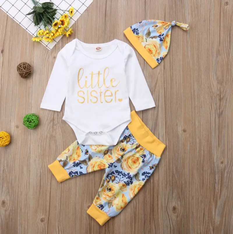 

Flower Newborn Baby Girl Little Sister Tops Long Sleeve Romper Pants Hat Outfits Clothes 3PCS Outfit Set