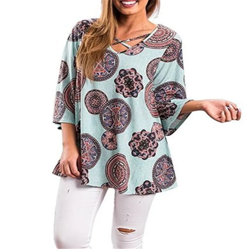 Trendy Women Summer Casual Floral three quarters sleeve T Shirts V neck