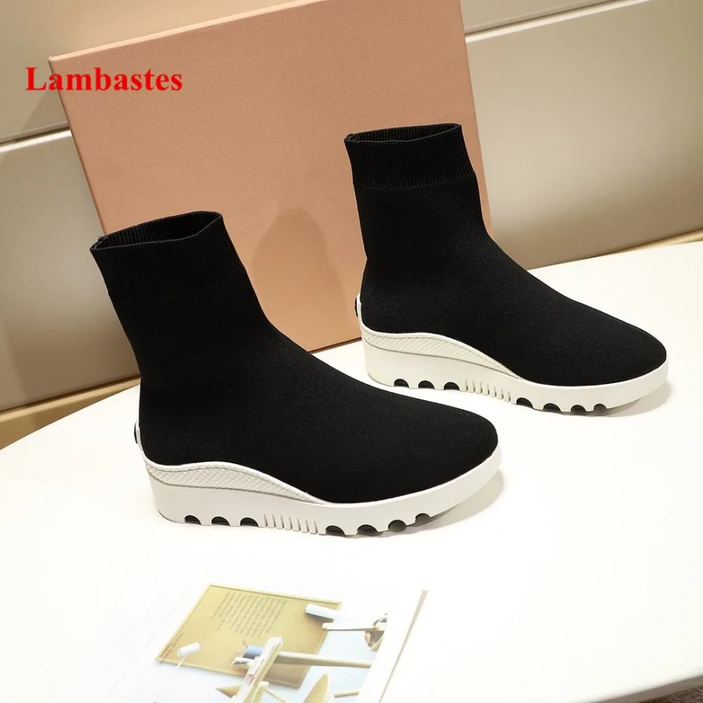 

Elastic Socks Shoes Women Black Knitted Luxury Brand Stretch Fabric Women Ankle Sports Boots Slip On Platform Botas Femenina