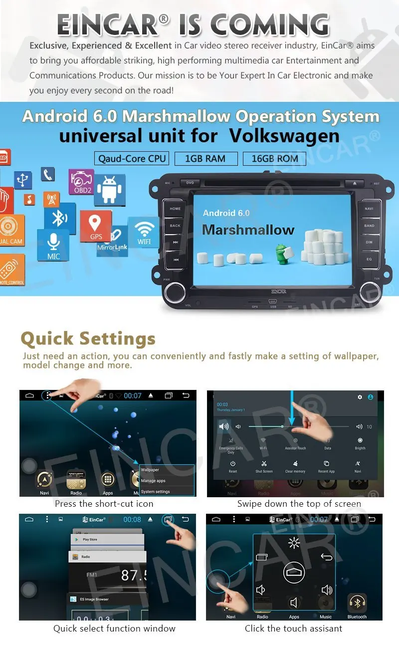 Discount Wireless Reversing Camera + EinCar Android 6.0 Car DVD Player with Quad Core 7 inch Touch Screen Car Stereo GPS Navigation In Da 1